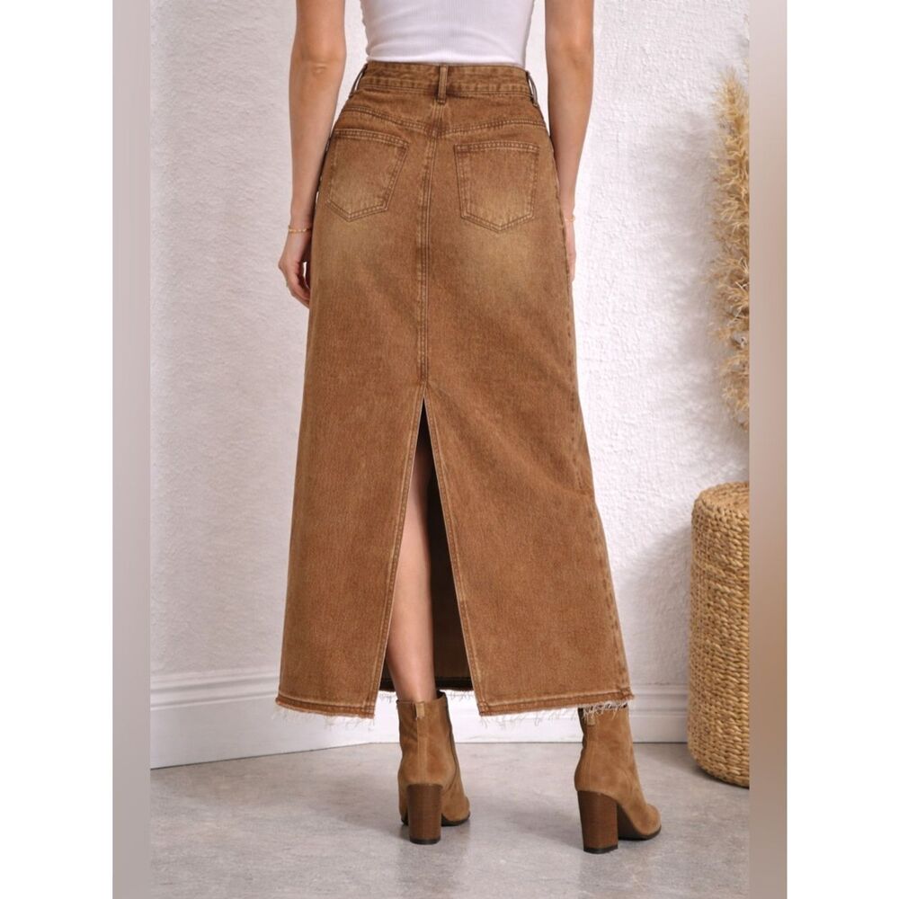 Casual Brown Denim A-Line Maxi Skirt